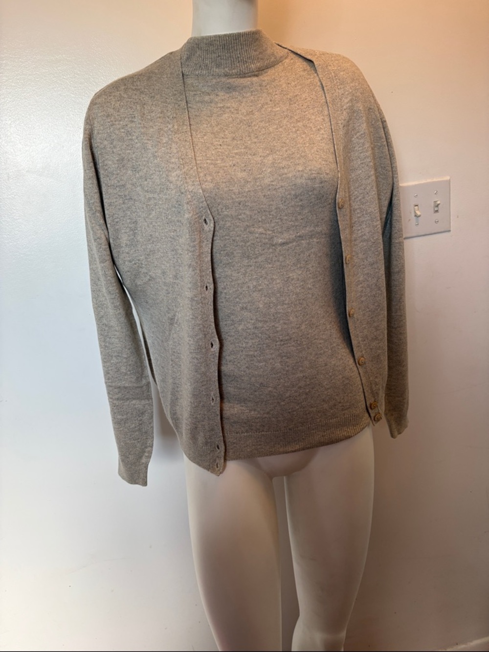 Classic Women's Gray Cashmere-Blend Mock Neck Sweater & Cardigan Set.